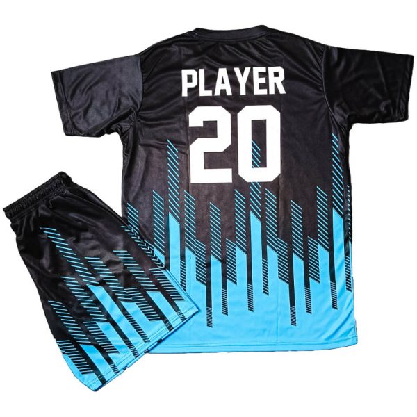 Half sleeves sublimated soccer uniform black blue shirt and shorts back