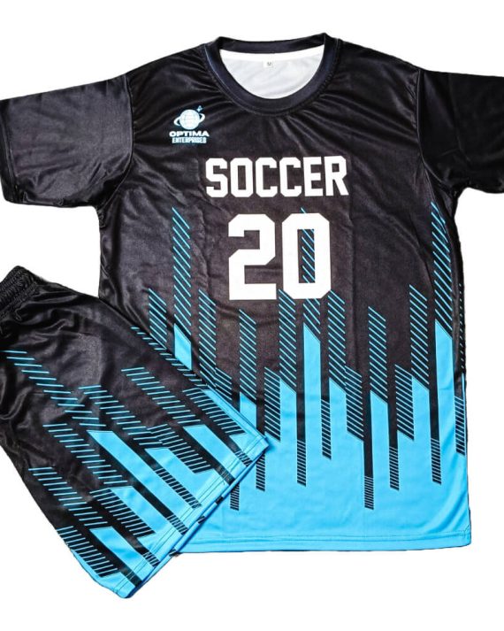 Half sleeves sublimated soccer uniform black blue shirt and shorts front