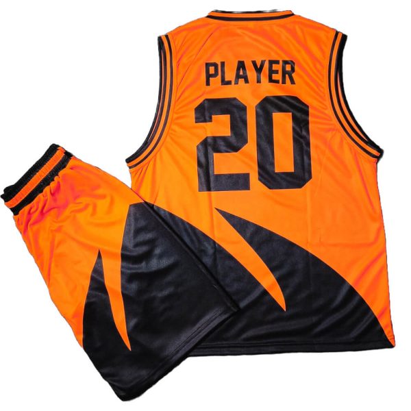 Sleeveless sublimated basketball uniform black orange shirt and shorts back