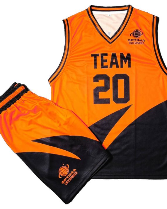 Sleeveless sublimated basketball uniform black orange shirt and shorts front
