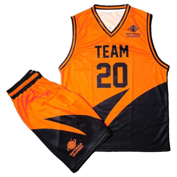 Sleeveless sublimated basketball uniform black orange shirt and shorts front