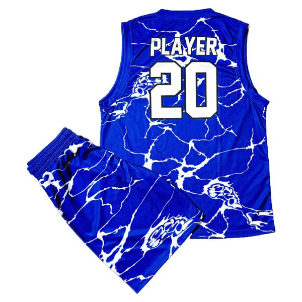 Sleeveless sublimated basketball uniform blue shirt and shorts back with white stripes