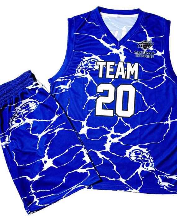 Sleeveless sublimated basketball uniform blue shirt and shorts front with white stripes
