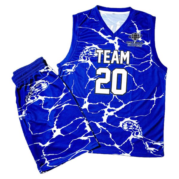 Sleeveless sublimated basketball uniform blue shirt and shorts front with white stripes