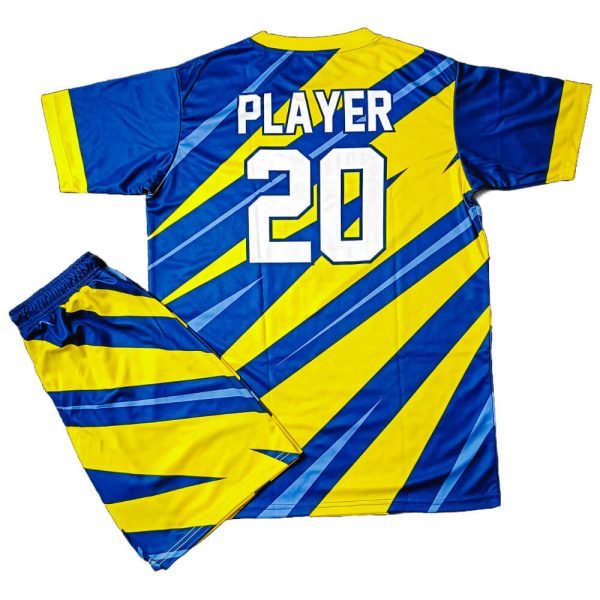 Half sleeves sublimated soccer uniform blue yellow shirt and shorts back