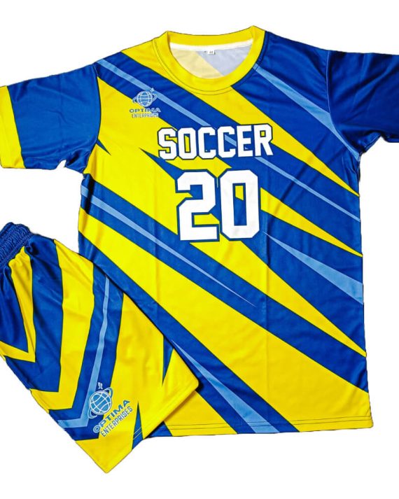 Half sleeves sublimated soccer uniform blue yellow shirt and shorts front