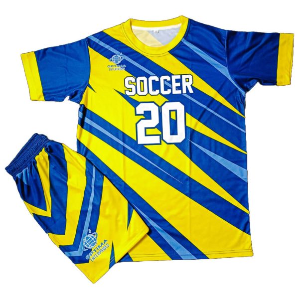 Half sleeves sublimated soccer uniform blue yellow shirt and shorts front